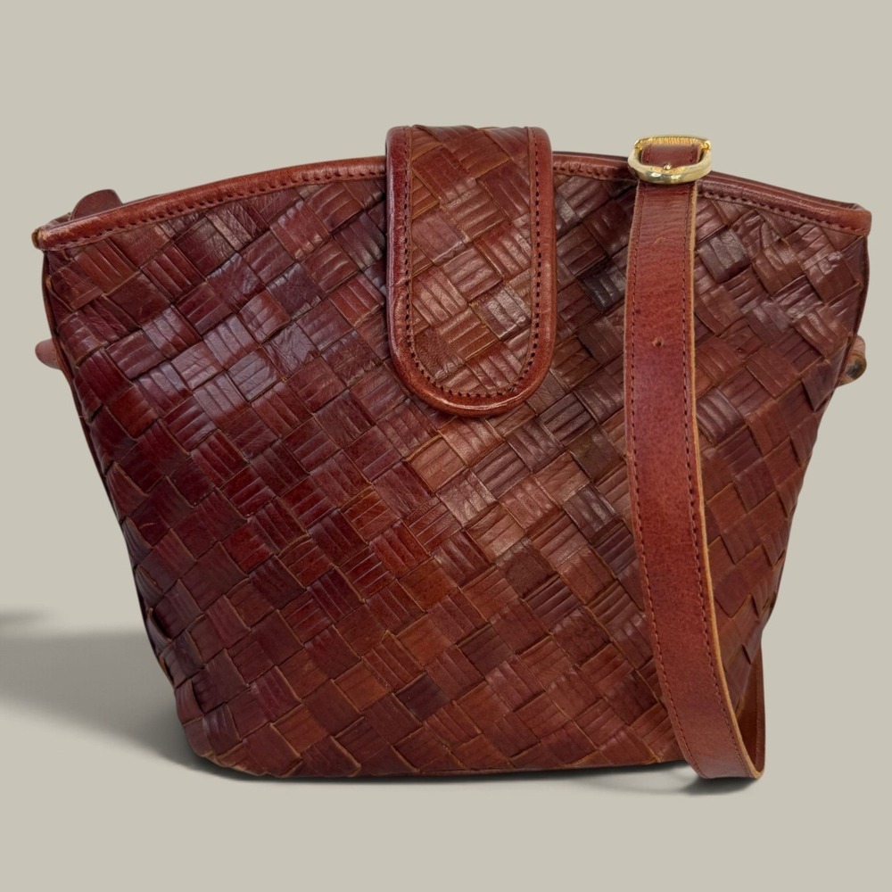 Vintage Woven Leather Crossbody Bag Brown Made in India Boho Basketweave Cottage